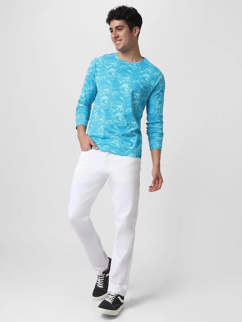 Urbano Fashion  Urbano Fashion Men's Aqua Blue Printed Full Sleeve Slim Fit Cotton T-Shirt  | Best Price UAE