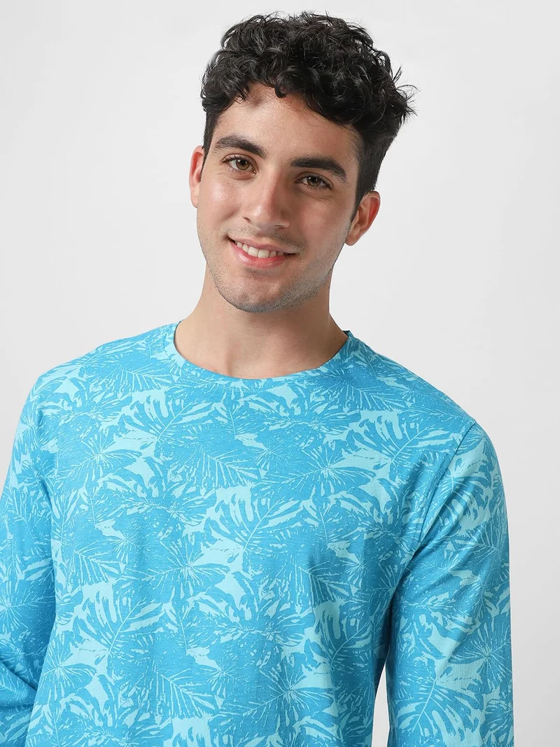 Urbano Fashion  Urbano Fashion Men's Aqua Blue Printed Full Sleeve Slim Fit Cotton T-Shirt  | Best Price UAE