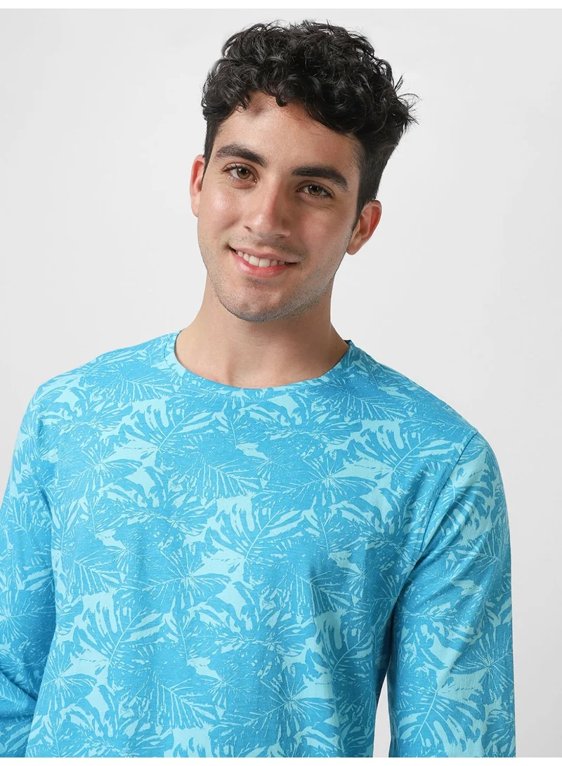 Urbano Fashion  Urbano Fashion Men's Aqua Blue Printed Full Sleeve Slim Fit Cotton T-Shirt  | Best Price UAE