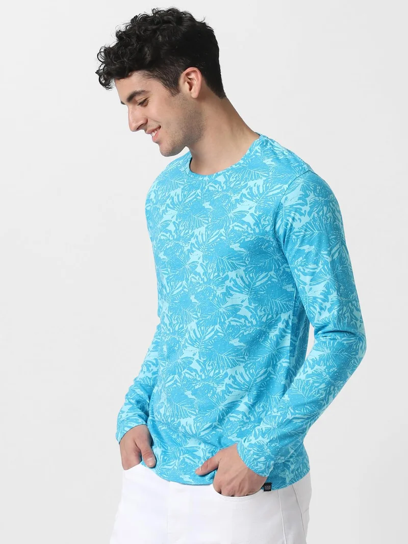 Urbano Fashion  Urbano Fashion Men's Aqua Blue Printed Full Sleeve Slim Fit Cotton T-Shirt  | Best Price UAE