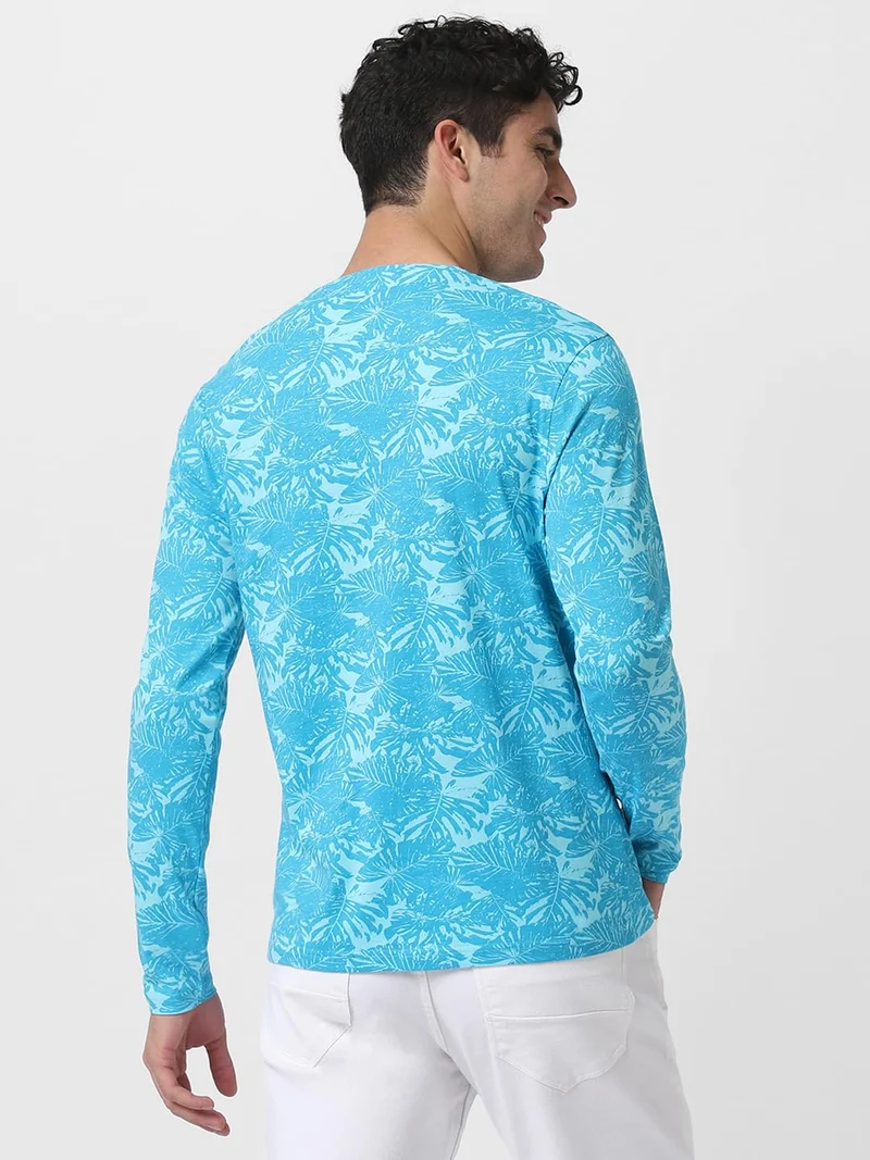 Urbano Fashion  Urbano Fashion Men's Aqua Blue Printed Full Sleeve Slim Fit Cotton T-Shirt  | Best Price UAE