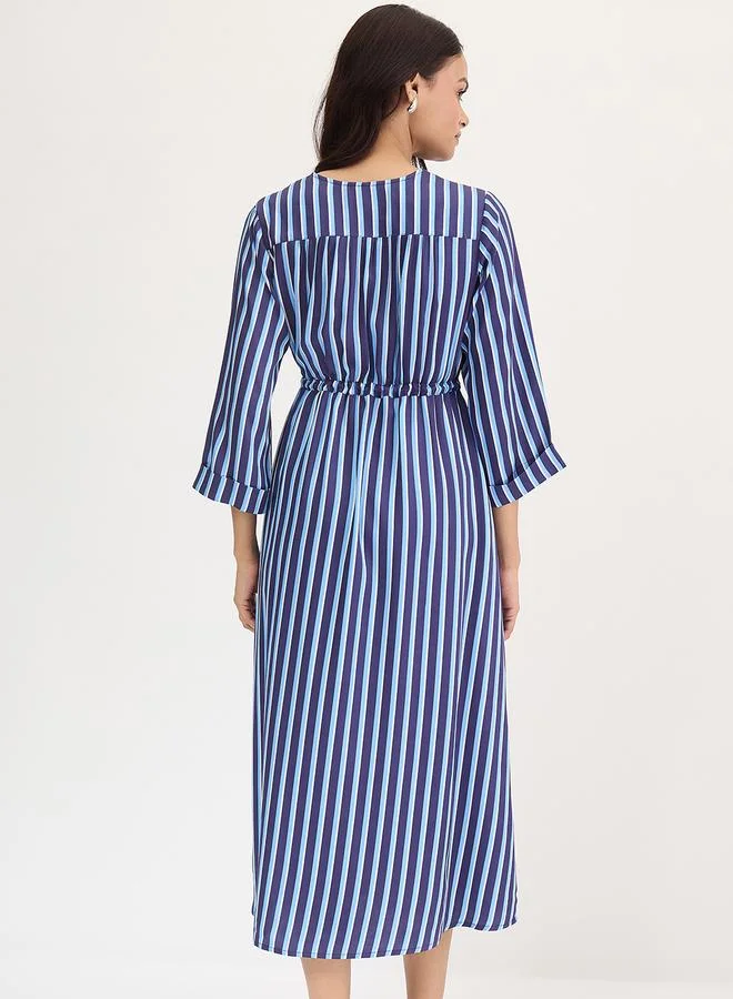Femmella  Navy Blue Striped Midi Dress with 3/4 Sleeves for Women | Best Price UAE