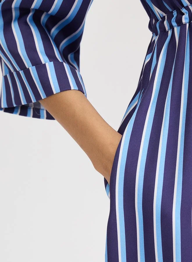 Femmella  Navy Blue Striped Midi Dress with 3/4 Sleeves for Women | Best Price UAE