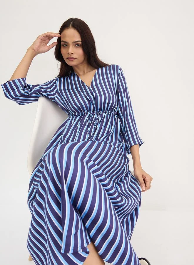 Femmella  Navy Blue Striped Midi Dress with 3/4 Sleeves for Women | Best Price UAE