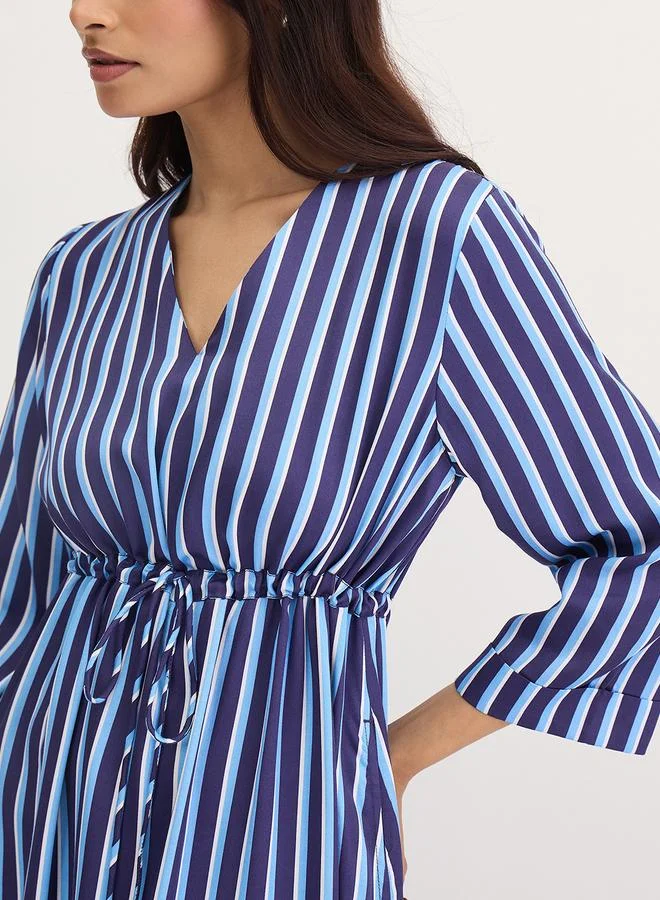 Femmella  Navy Blue Striped Midi Dress with 3/4 Sleeves for Women | Best Price UAE