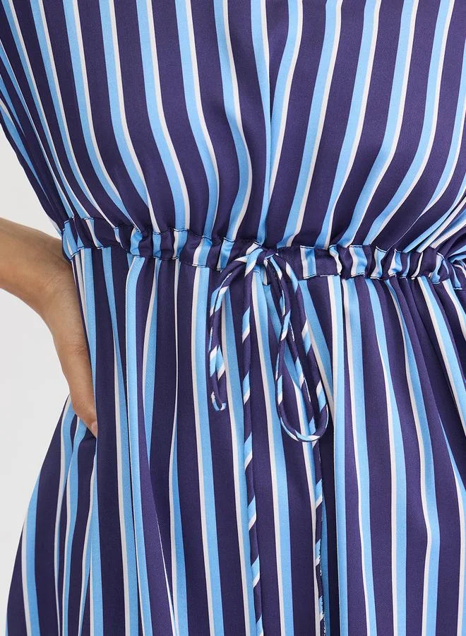 Femmella  Navy Blue Striped Midi Dress with 3/4 Sleeves for Women | Best Price UAE