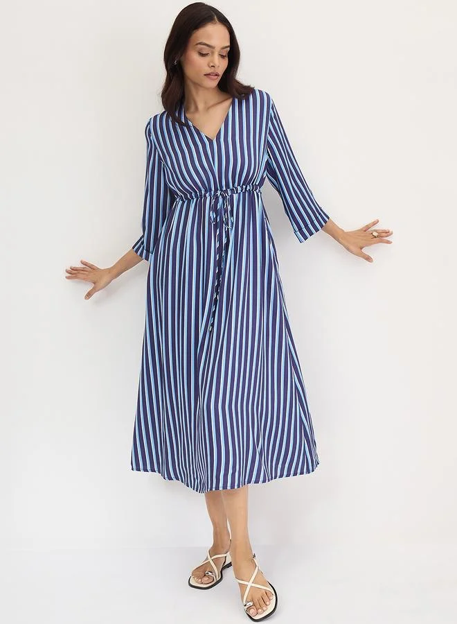 Femmella  Navy Blue Striped Midi Dress with 3/4 Sleeves for Women | Best Price UAE