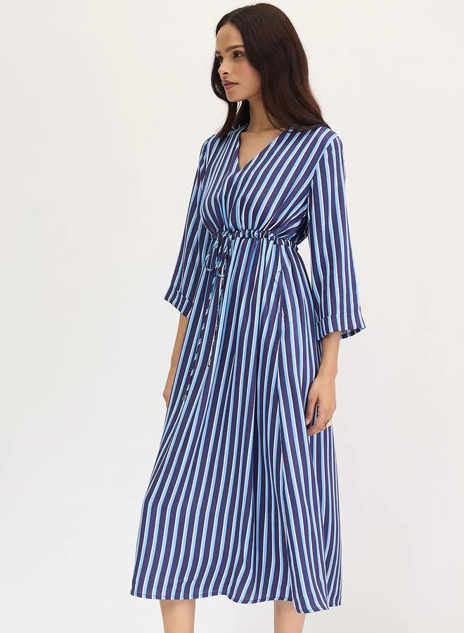 Femmella  Navy Blue Striped Midi Dress with 3/4 Sleeves for Women | Best Price UAE