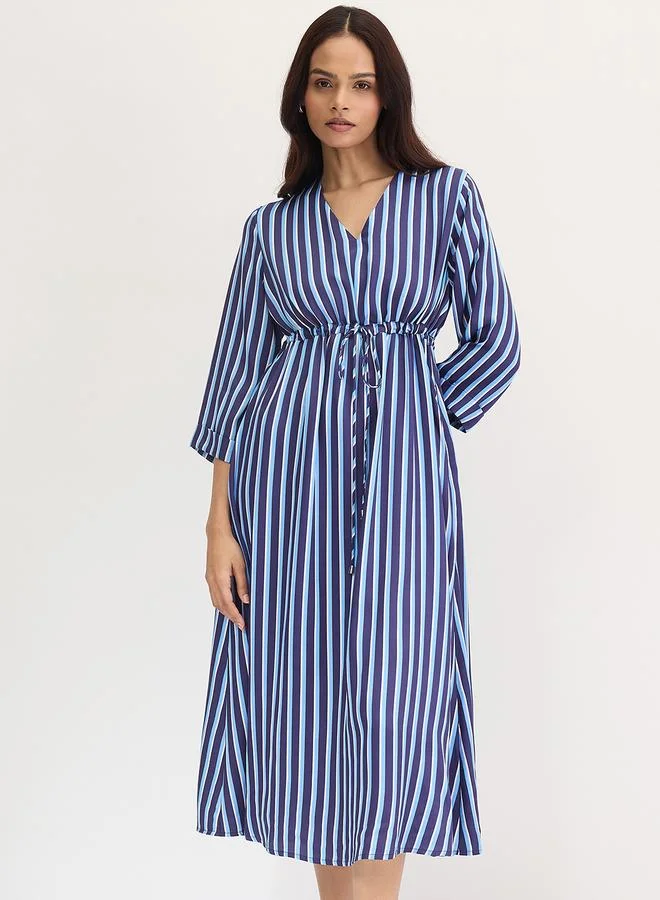 Navy Blue Striped Midi Dress with 3/4 Sleeves
