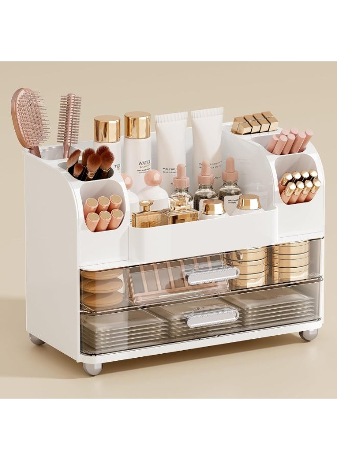 Makeup Organizer for Vanity with 2 Large Drawers, Cosmetic Display Case with Brush Holders, Easy to Storage for Bathroom Countertop Skincare Perfume White - Image 1