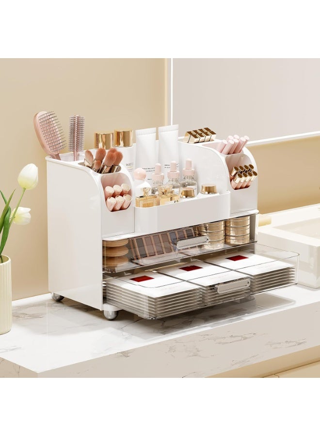 Makeup Organizer for Vanity with 2 Large Drawers, Cosmetic Display Case with Brush Holders, Easy to Storage for Bathroom Countertop Skincare Perfume White - Image 2