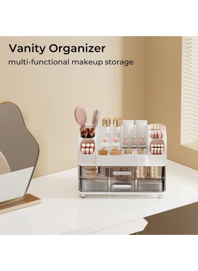Makeup Organizer for Vanity with 2 Large Drawers, Cosmetic Display Case with Brush Holders, Easy to Storage for Bathroom Countertop Skincare Perfume White - Image 3