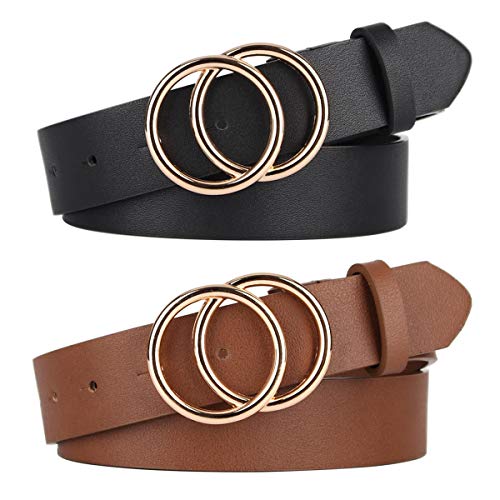 UnFader Pack 2 Women Belts for Jeans with Fashion Double O-Ring Buckle and Faux Leather - Image 1
