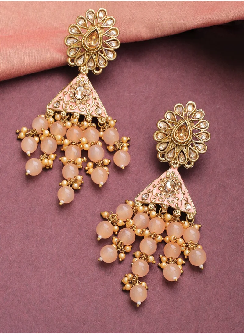 برياسي Peach-Coloured Stone  Beaded Floral Meenakari Drop Earrings