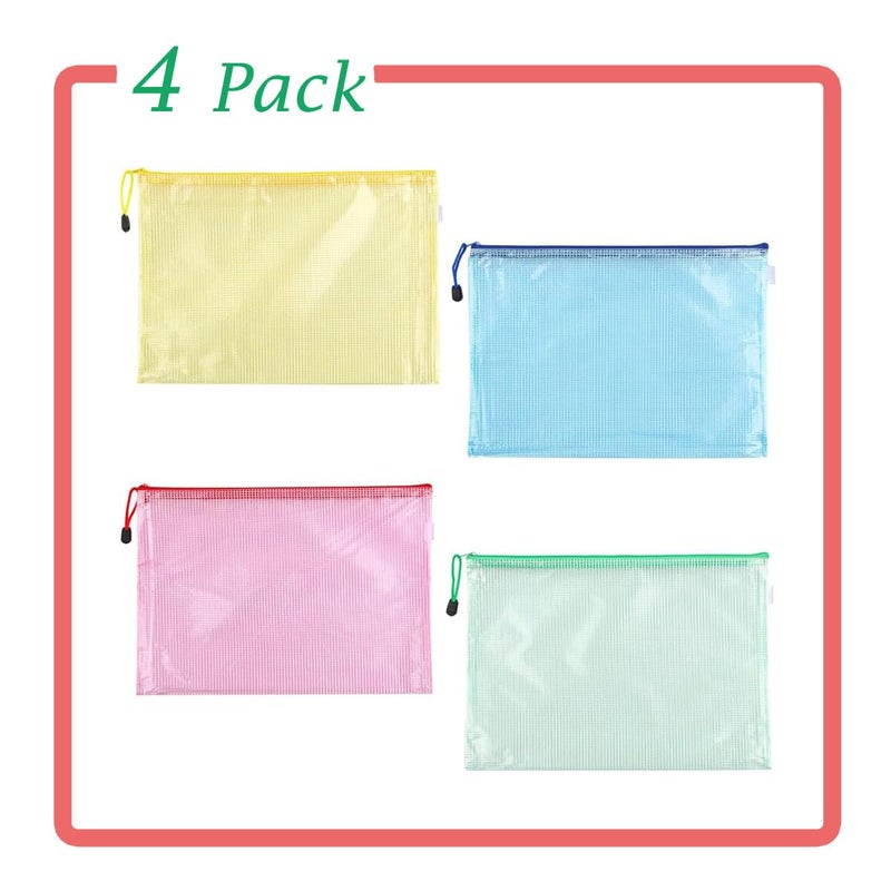 JFFX 4 Pack Mesh Zipper Pouch, A4 Letter Document File Mesh Bags with Zipper, Waterproof Zipper Bags for Travel Storage, School Office Appliances and Home - Image 2