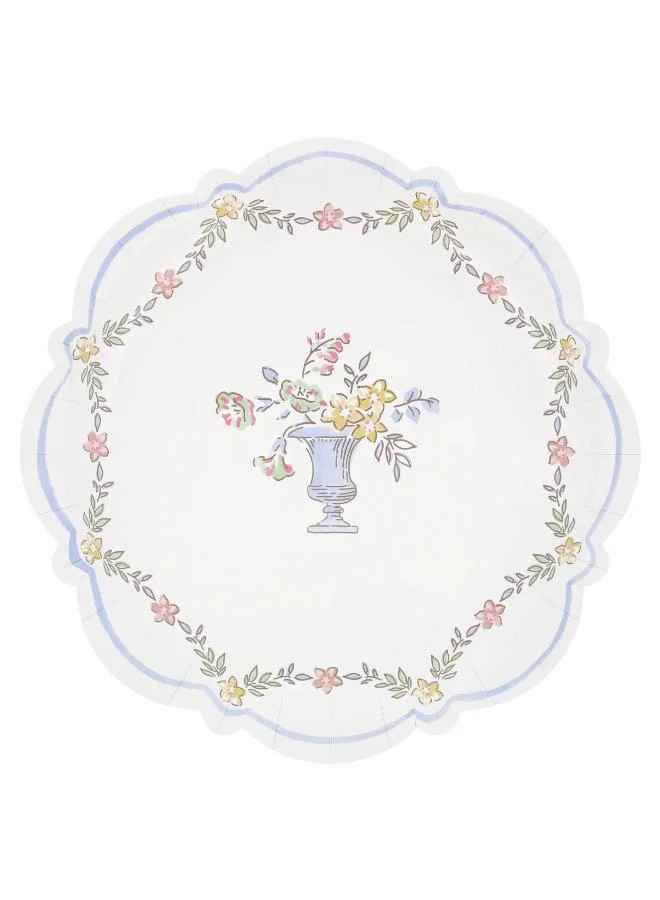 Chintz Border Dinner Plates - Pack of 8 Paper Plates with Waved Edge, Rococo Floral Design, Pale Blue Reverse, Perfect for Garden Lunches, Afternoon Teas and Parties