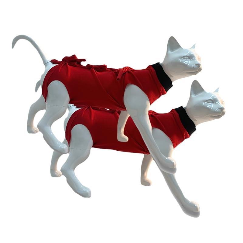 A+a Pets ' Cat Everyday Clothing, for Post Surgery Recovery, Abdominal Wounds or Skin Diseases | Breathable Cotton (Red Combo, M) - Image 1