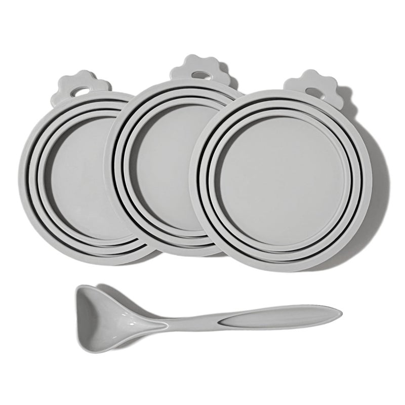 MoPawKT- Silicone Cat/Dog Food Can Covers Lids, Universal 3 Sizes Fit for 3oz, 5.5oz, 6.5oz, 13oz, 13.2oz Pet Food Cans, BPA Free, Reusable (box of 3 lids+1 scoop in Grey) - Image 1