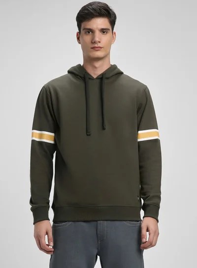 Dennis Lingo Regular Fit Olive Hooded Sweatshirt for Men - Polycotton, Colourblocked, Full Sleeves, Knitted Fabric