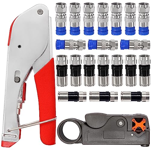 Taiss Coax Cable Crimper Tool Kit with 20 PCS F Style RG59 RG6 Compression connectors,Coaxial Cable Stripper,Coaxial Cable Compression Tool Kit,coaxial cable crimper - Image 1