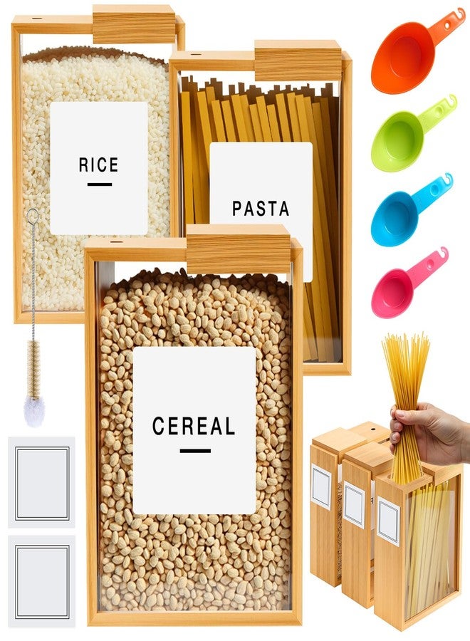 Threehoney 3 Bamboo Cereal Dispenser 75 Oz/ 2.2 l Kitchen Food Storage Containers with Measuring Cups for Airtight Pantry Organization and Storage Container Cereal Rice Flour Snack Nuts Grains - Image 1