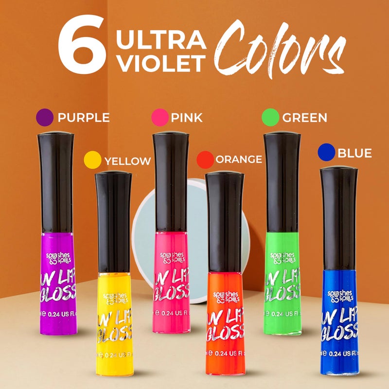 splashes & spills UV Blacklight Lip Gloss - 6 Color Variety Pack, 3.7g - Day or Night Stage, Clubbing or Costume Makeup - Image 3