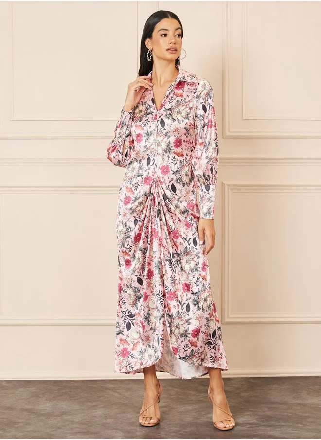ستايلي Satin Floral Print Gathered Detail Collared Maxi Dress
