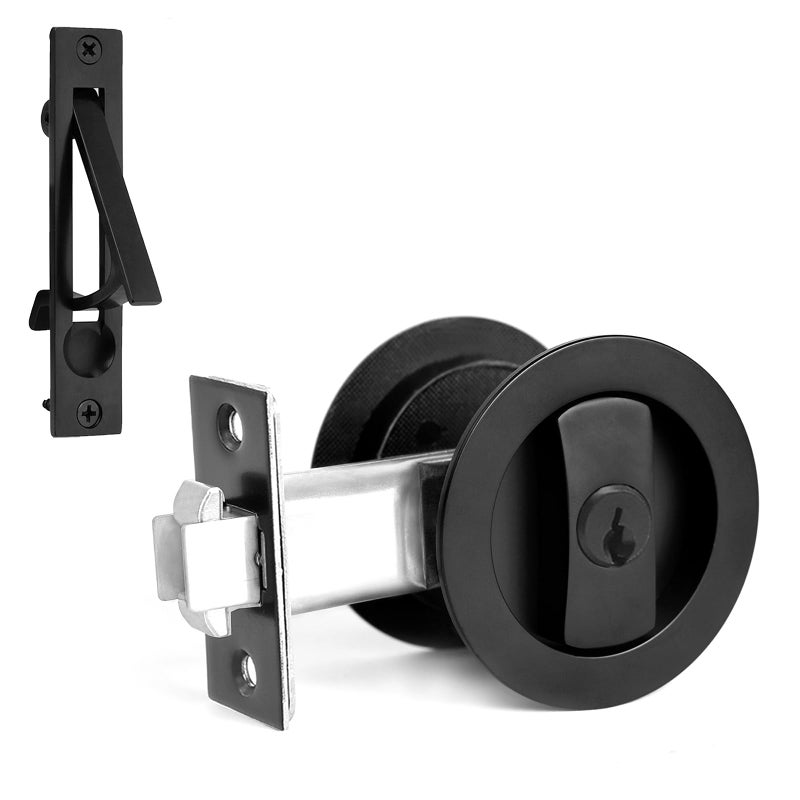Dontay Pocket Door Keyed Lock with Handles Round Contemporary Entrance Sliding Barn Door Lock Latch Recessed 2 Sided 238 inch Backset Flush Handles Hardware 1 Matte Black - Image 2