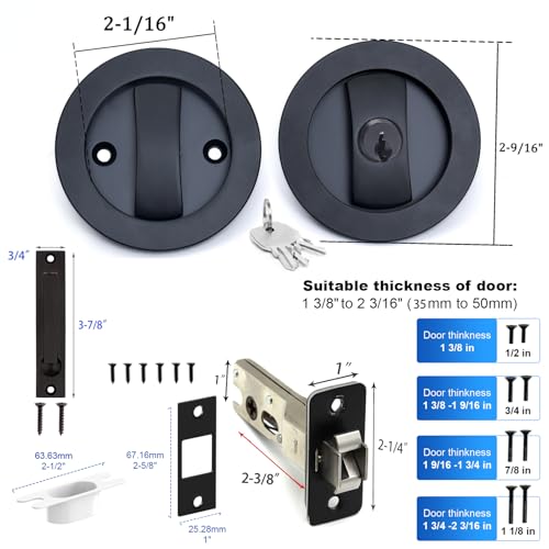 Dontay Pocket Door Keyed Lock with Handles Round Contemporary Entrance Sliding Barn Door Lock Latch Recessed 2 Sided 238 inch Backset Flush Handles Hardware 1 Matte Black - Image 3