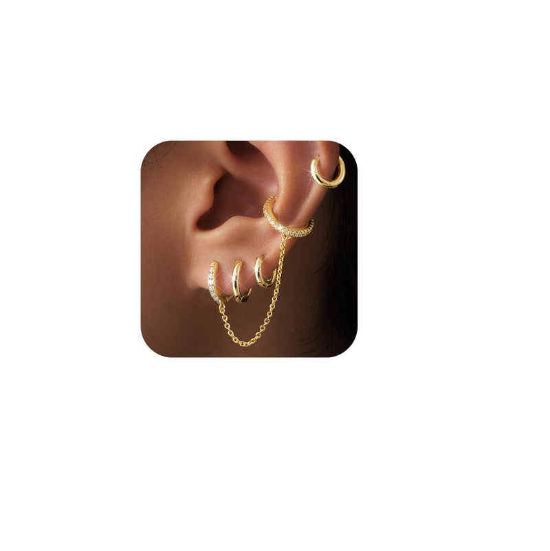 Gold Chain Hoop Ear Cuff Earrings for Women Double Piercing Chain Huggie Small Stack Cartilage Hoop Cuff Earring Sets for Multiple Piercing Conch Helix Rook Tragus Daith Clip On Jewelry Set Gifts