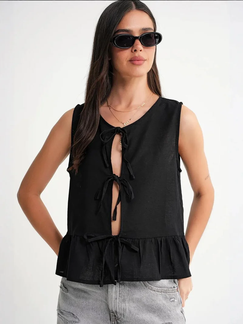 Mixray Black Mixray Frilly Tie Front Blouse for Women | Best Price UAE