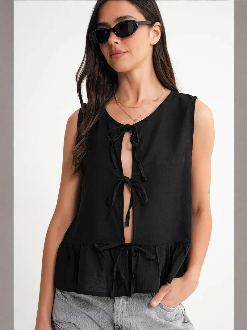 Mixray Black Mixray Frilly Tie Front Blouse for Women | Best Price UAE