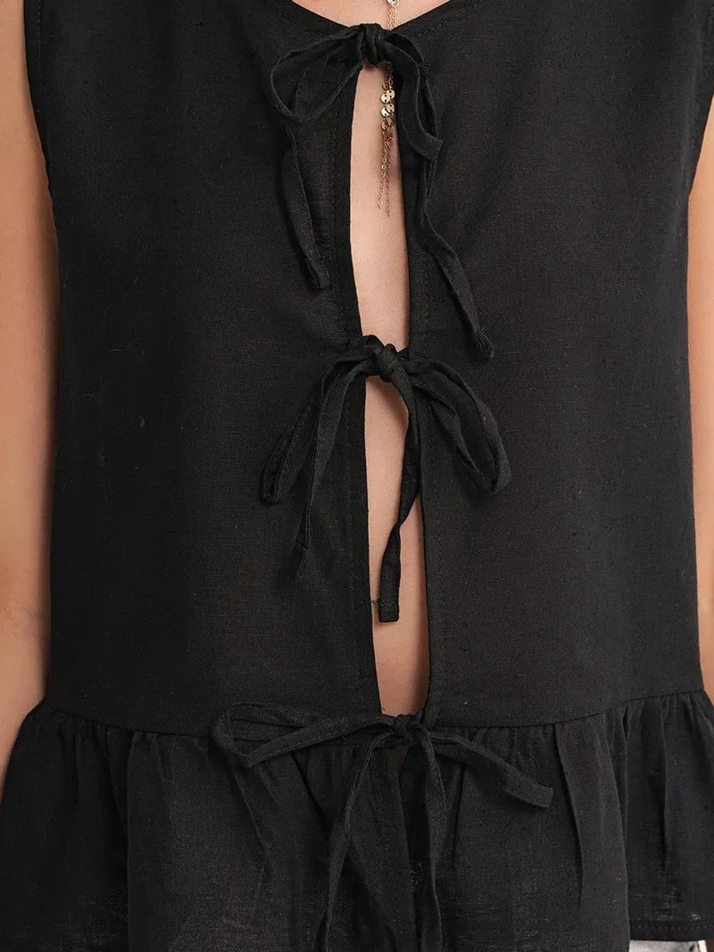Mixray Black Mixray Frilly Tie Front Blouse for Women | Best Price UAE