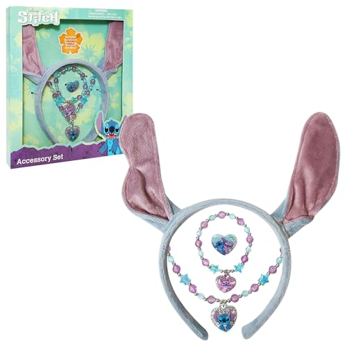 LUV HER Disney Licensed Stitch Headband with Ears for Girls Kids Jewelry Dress Up Set All in one Giftable Box Play Jewelry Set 4pc Toddler Headband Necklace Dress Up Bracelet Ring Ages 3 - Image 1