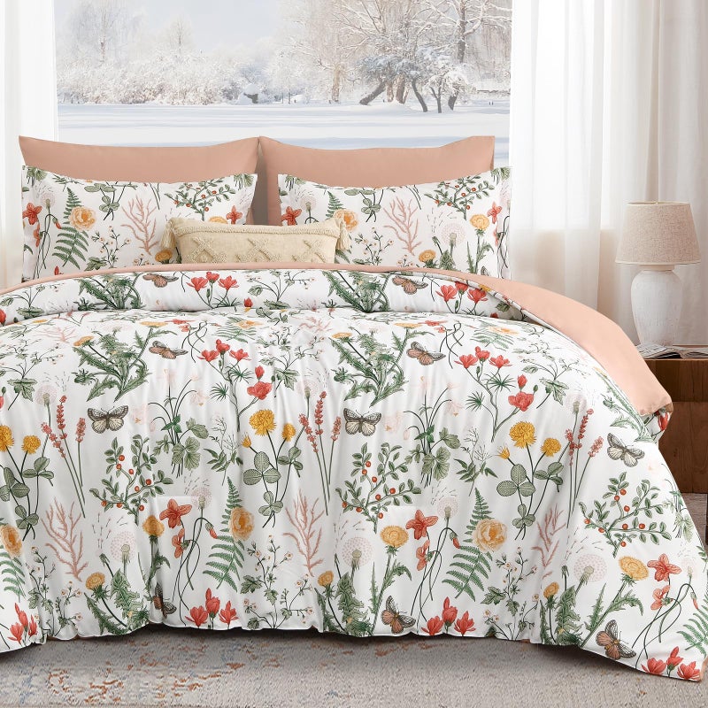 Yiran 7 Piece Floral Comforter Set King Size, White Green Comforter Bedding Set, Botanical Bed in a Bag with Flowers Pattern, Soft Microfiber Complete Bedding Set with Sheets for All Season - Image 1