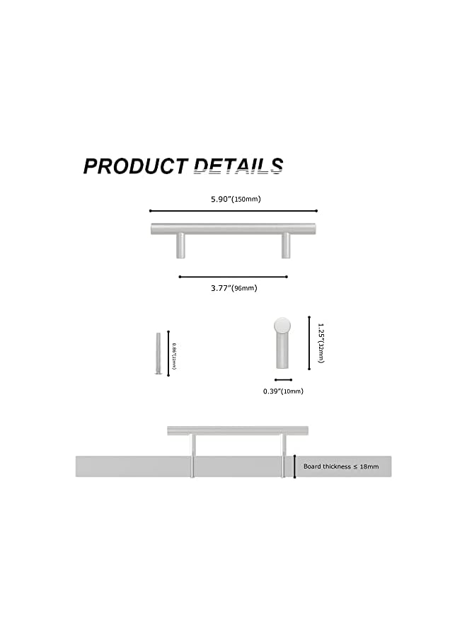 promass 10Pcs 96mm Kitchen Handles with Screws Stainless Steel T Bar Cabinet Cupboard Handle Pull Handle Door Handle Set for Kitchen Drawer Bedroom Furniture (10, Hole Centers 96mm) - Image 2
