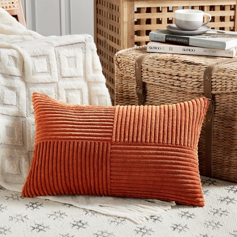 Fancy Homi Burnt Orange Lumbar Decorative Throw Pillow Covers 12x20 Inch for Living Room Couch Bed Boho Farmhouse Fall Home Decor Soft Corduroy Corss Patchwork Cushion Case 30x50 cm