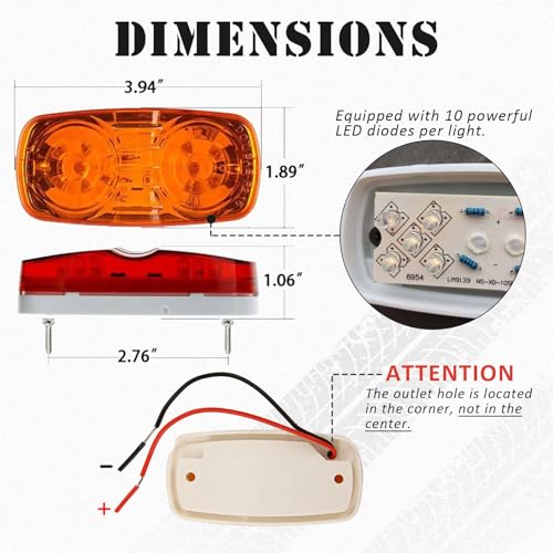 NEW SUN 4 Pcs Amber & Red 10 LED Trailer Side Marker Light, Bullseye/Tiger Eye/Double Bubble Clearance Light, 12V 4x2 Rectangular LED Light Surface Mount for Camper, Trucks, Rvs - Image 2