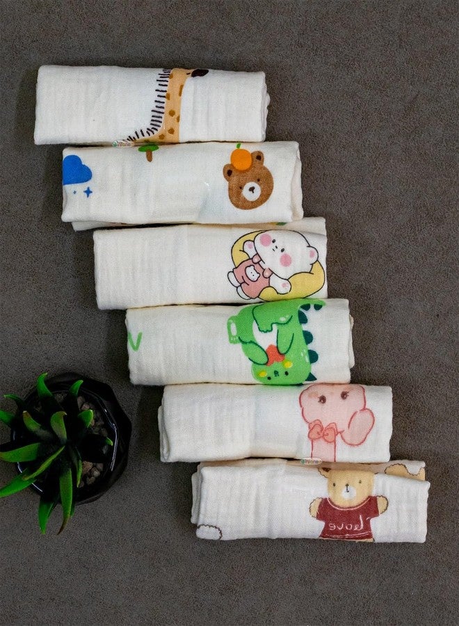 Rachna Baby Washcloths Muslin Cotton | Extra Soft Quick Absorbing 2-Layer Napkin Set for Newborn | Reusable Face & Hand Wipes | Playful Prints | Pack of 6 | 30 x 30 cm (185A, Cream) - Image 2