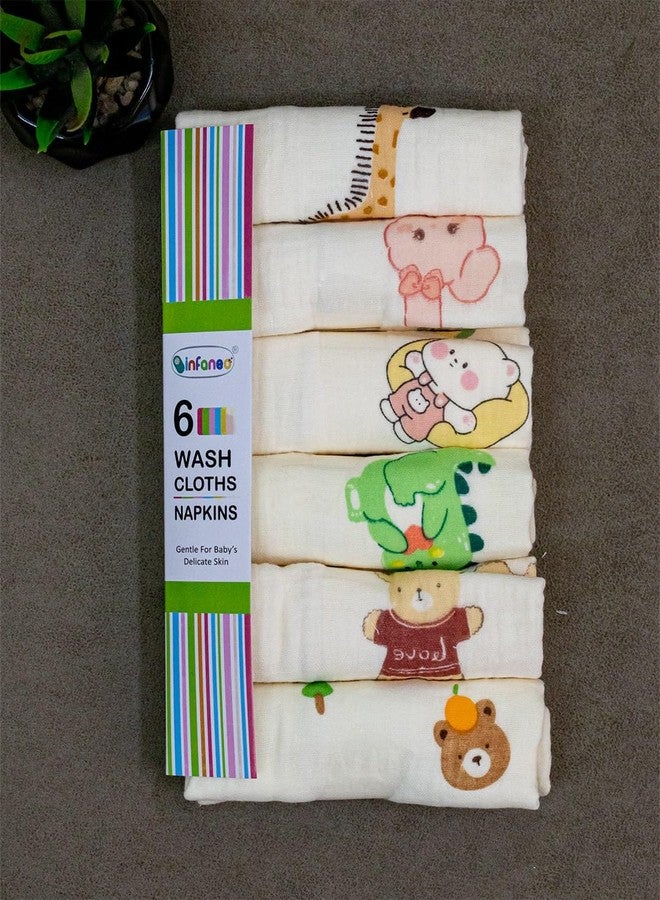 Rachna Baby Washcloths Muslin Cotton | Extra Soft Quick Absorbing 2-Layer Napkin Set for Newborn | Reusable Face & Hand Wipes | Playful Prints | Pack of 6 | 30 x 30 cm (185A, Cream) - Image 1