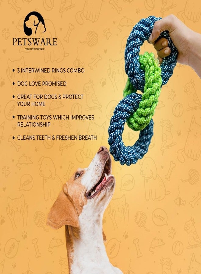 PETSWARE ألعاب وإكسسوارات جذابة للكلاب الكبيرة من بيتسوير، لعبة للجراء والحيوانات الأليفة والكلاب المتوسطة والبالغة، حبل مضغ للجراء الصغيرة للعب والمضغ، مجموعة لابرادور (3 حلقات) (أزرق فاتح/أخضر) - Image 4