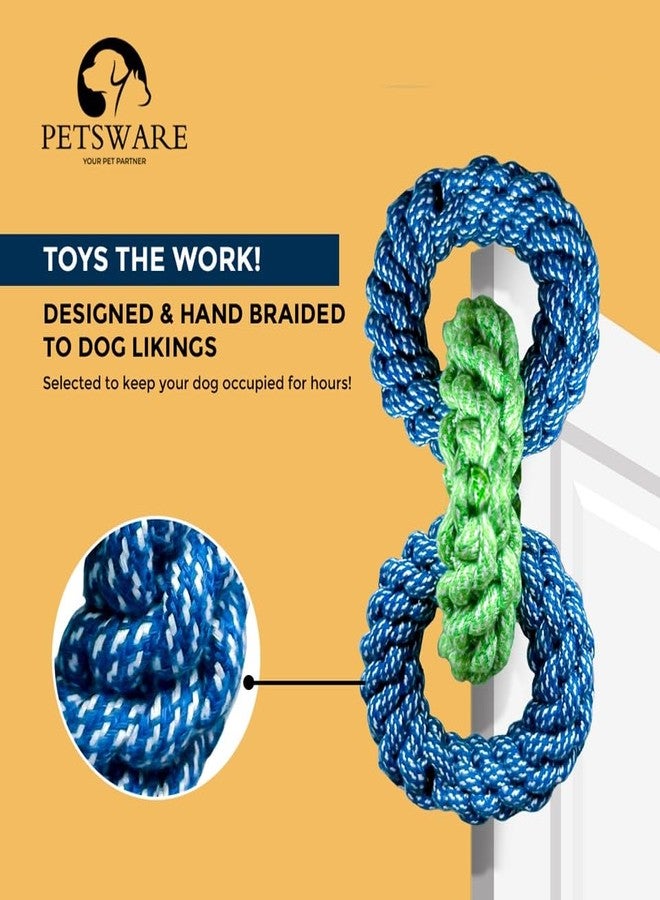 PETSWARE ألعاب وإكسسوارات جذابة للكلاب الكبيرة من بيتسوير، لعبة للجراء والحيوانات الأليفة والكلاب المتوسطة والبالغة، حبل مضغ للجراء الصغيرة للعب والمضغ، مجموعة لابرادور (3 حلقات) (أزرق فاتح/أخضر) - Image 3