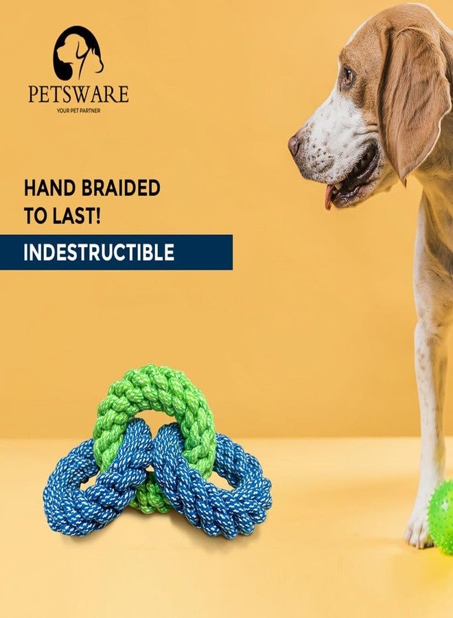 PETSWARE ألعاب وإكسسوارات جذابة للكلاب الكبيرة من بيتسوير، لعبة للجراء والحيوانات الأليفة والكلاب المتوسطة والبالغة، حبل مضغ للجراء الصغيرة للعب والمضغ، مجموعة لابرادور (3 حلقات) (أزرق فاتح/أخضر) - Image 2