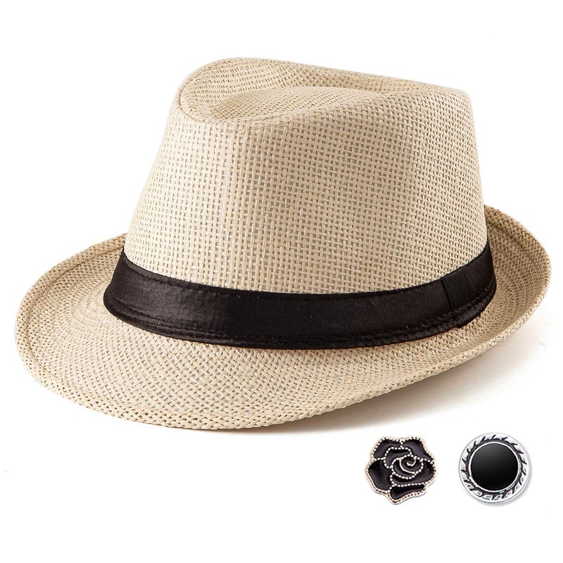 LADYBRO Summer Casual Beige Straw Trilby Fedora Hats for Men Panama, 7 1/4, Adjustable Size Fits 22" - 22 7/8" - Image 1