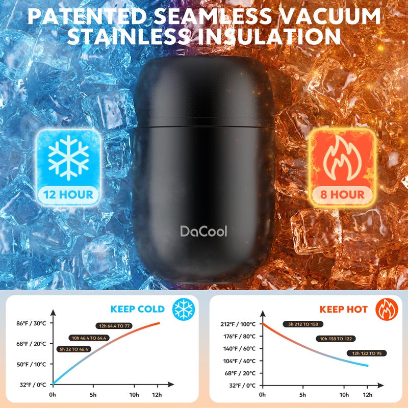 DaCool Insulated Lunch Container Insulated Food Jar 16 oz Stainless Steel Vacuum Bento Hot Lunch Box for Kids with Spoon Leak Proof Hot Cold Food for School Office Picnic Travel Outdoors - Black - Image 3