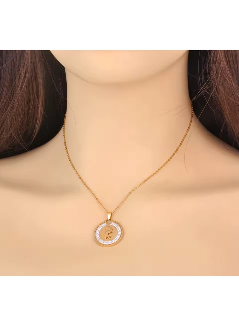 Luxuria A gold-colored, circular pendant featuring a prominent rose decoration in the center and surrounded by small crystals (rhinestones) on the outer edge of the circle. - Image 2