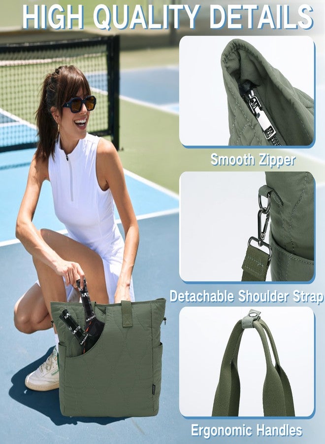 فاشي حقائب حمل بيكلبول نسائية من فاشي مزودة بخطاف للسياج، وحافظة مضرب بيكلبول مبطنة، مناسبة للعمل/النادي الرياضي/الرياضة، تتسع لمضربين، مع حزام كتف، لون أخضر - Image 4