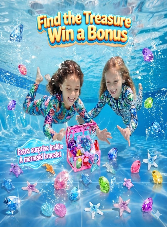 DISHIO Kids Diving Pool Toys Set with Treasure Chest, Sinking Swim Rings Sticks Sharks & Mermaid, Underwater Swimming Games Competition Toys with Bracelet Reward for Boys Girls Summer Toys - Image 2