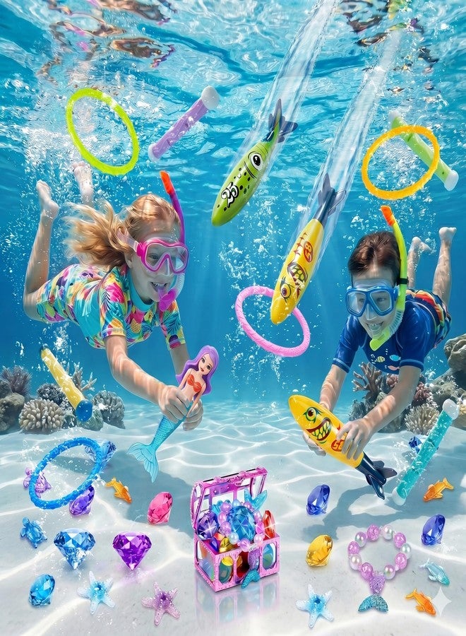DISHIO Kids Diving Pool Toys Set with Treasure Chest, Sinking Swim Rings Sticks Sharks & Mermaid, Underwater Swimming Games Competition Toys with Bracelet Reward for Boys Girls Summer Toys - Image 5
