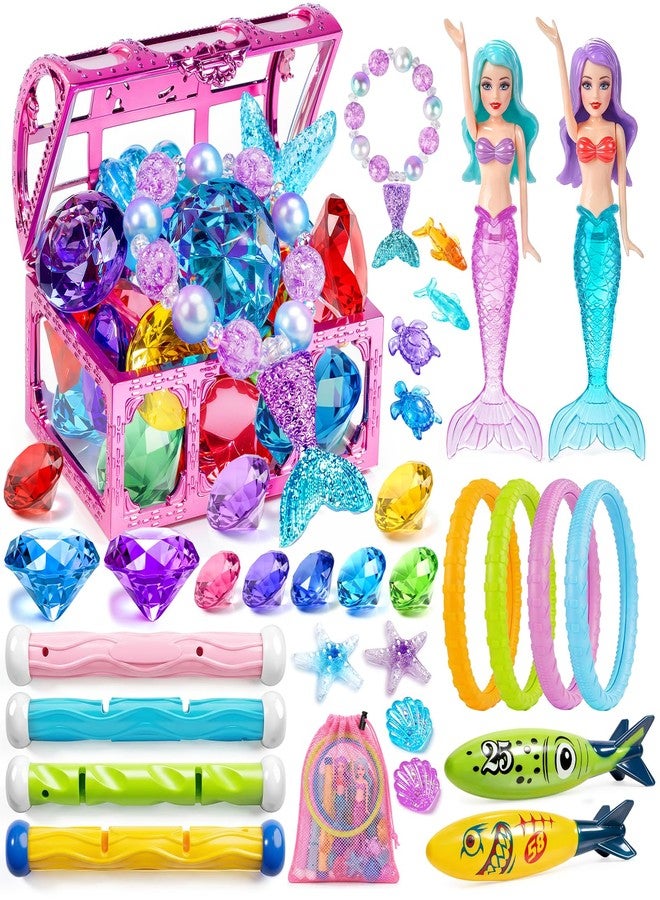 DISHIO Kids Diving Pool Toys Set with Treasure Chest, Sinking Swim Rings Sticks Sharks & Mermaid, Underwater Swimming Games Competition Toys with Bracelet Reward for Boys Girls Summer Toys - Image 1